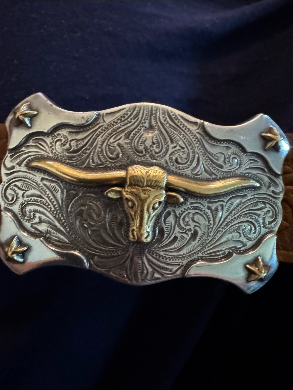 Tony Lama Brown Embossed Kids Western Belt Silver & Gold Longhorn Buckle 23” USA